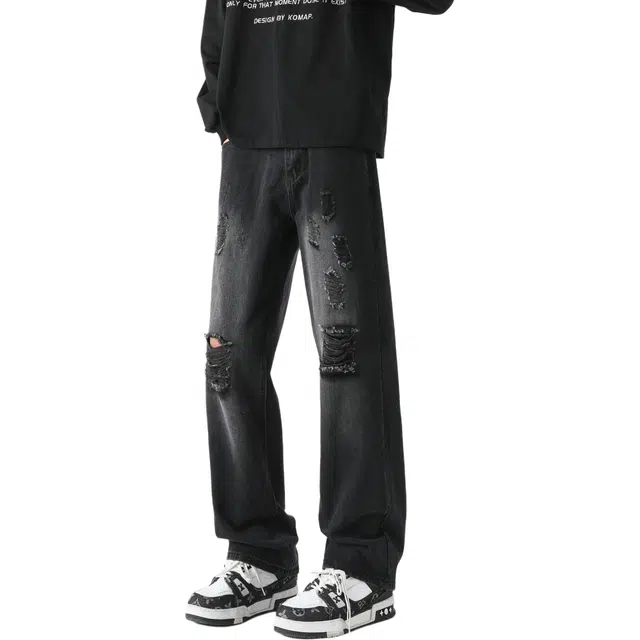 图兰朵 微喇弯刀美式复古高街重工水洗做旧破洞流苏垂感透气亲肤高级感中腰柔软舒适百搭休闲通勤直筒牛仔裤 男女同款