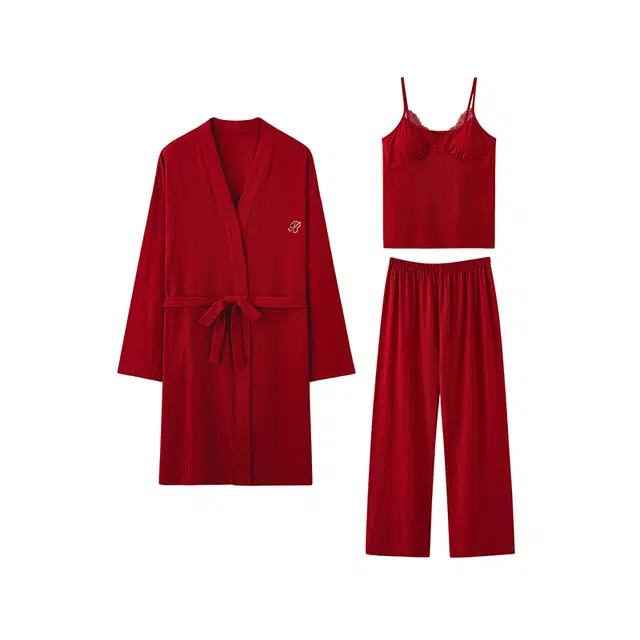 潞优野 浪漫柔软舒适棉新婚带胸垫吊带长裤晨袍春秋季睡衣套装 女款