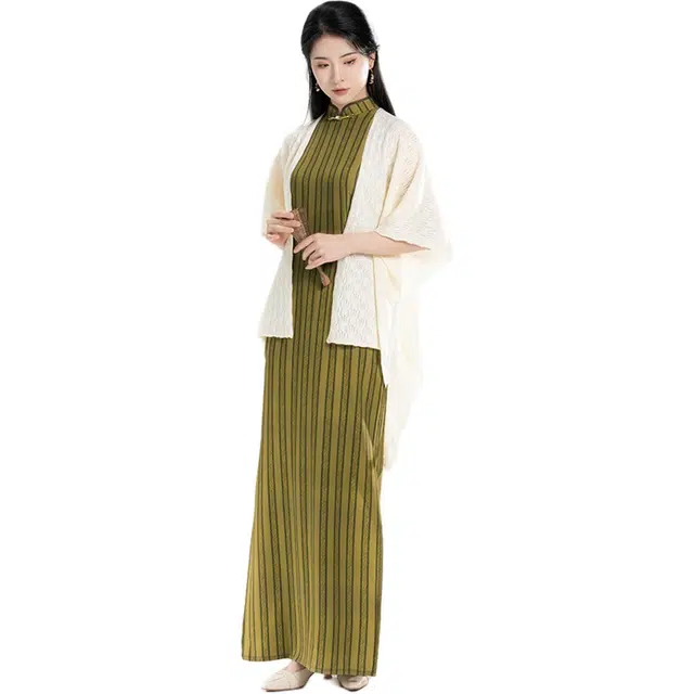 织造司 新中式柿蒂卷云纹无袖旗袍百搭镂空针织披肩汉服 女款