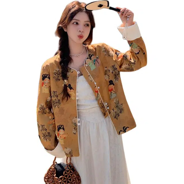 稻草人 新中式国风印花缎面时尚休闲夹克外套 女款