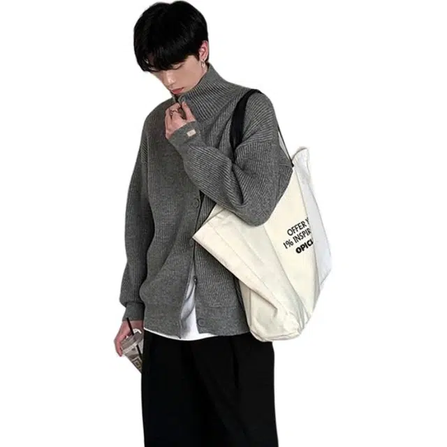 北欧攻略 复古可翻高领简约毛衣开衫外套秋冬慵懒风潮流韩版百搭休闲通勤软糯舒适针织衫 男女同款