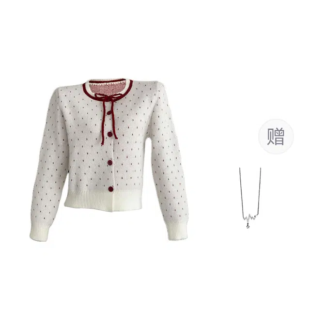 识恩 韩系 学院风蝴蝶结撞色甜美单排扣短款开衫长袖针织衫 女款