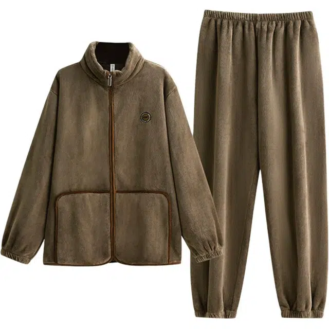 浮光岛屿 简约纯色时尚拉链高级感家居服舒适亲肤保暖可外穿休闲睡衣套装 礼袋款 男款 棕褐色