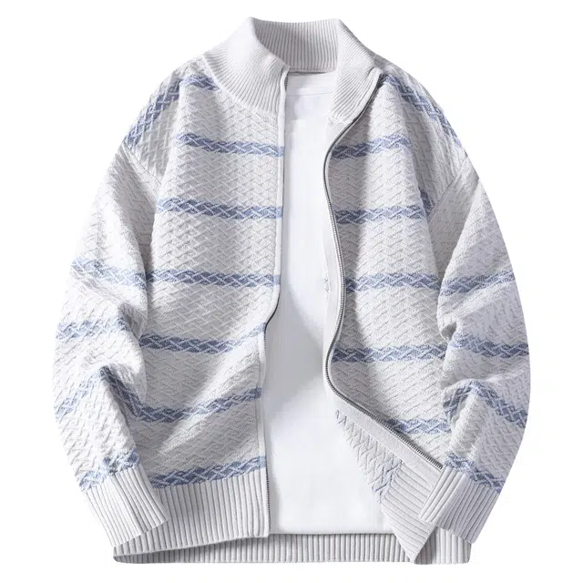 北欧攻略 北欧小众设计感格纹立领拉链开衫上衣外套条纹休闲百搭潮流秋冬舒适保暖通勤针织衫 男女同款