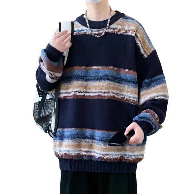 北欧攻略 新中式重磅个性星球环风格百搭圆领潮流宽松拼色保暖休闲条纹打底长袖针织衫 男女同款