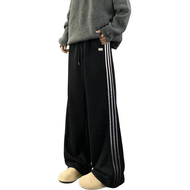 北欧攻略 美式高级感秋冬渐变色条纹拼接慵懒风跑步运动裤直筒显瘦休闲裤 男女同款