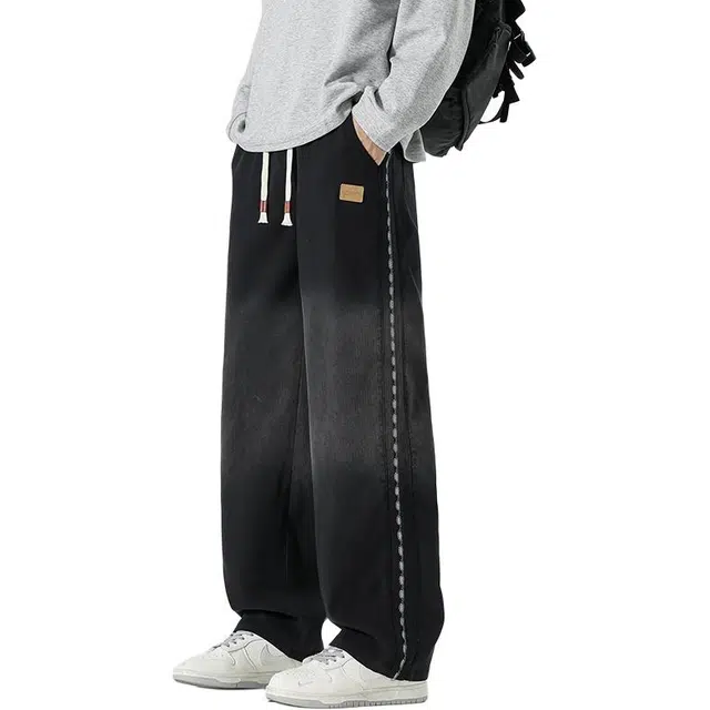 协协乐 高街风美式条纹一条杠秋冬季超宽松直筒潮牌渐变阔腿拖地裤青少年抽绳痞帅休闲长裤子牛仔裤 男款