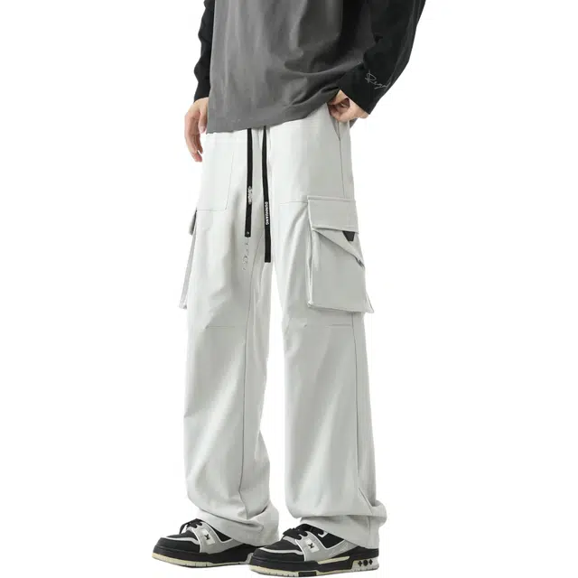 敦煌博物馆 美式复古金属链腰绳酷潮纯色时尚基础大口袋日常通勤户外百搭休闲裤 男女同款