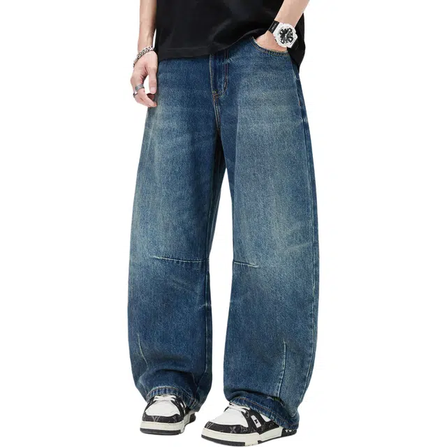 隐狼世家 水洗做旧弯刀男美式复古潮牌潮流阔腿长裤牛仔裤 男款