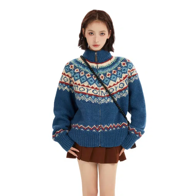 柏黛妃 费尔岛立领加厚秋冬慵懒正肩拉链开衫外套针织衫 女款