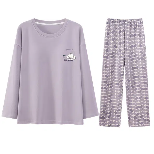 兰缪 带胸垫一体女士春秋季夏天长袖纯棉少女生家居服 睡衣套装 女款