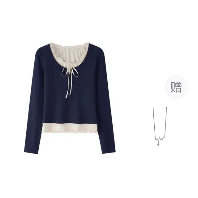 识恩 甜美蝴蝶结设计感绑带长袖木耳边收腰假两件休闲低圆领显瘦内搭别致修身短款套头针织衫 女款