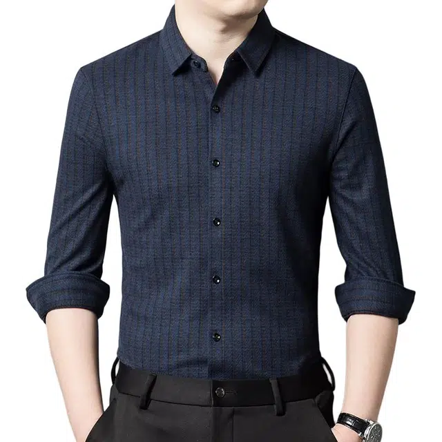 太子龍 秋冬中年商务休闲翻领条纹衬衫 男款