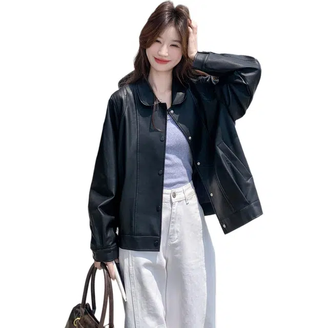 袋鼠 美式复古休闲时尚翻领机车范夹克皮衣外套 女款