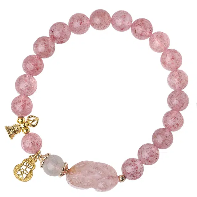【布达拉宫文创】 布达拉宫 【甜美浪漫】貔貅招财转运粉色招桃花铜宝铃鸣福平安时尚优雅爱情之石#好运天然 草莓晶 手串 女款