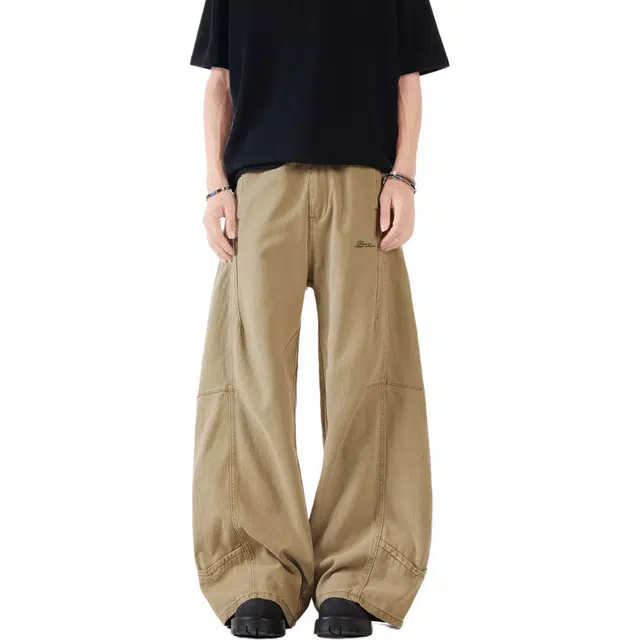 黑恐龙 美式高街潮流字母印花立体纯色中腰简约直筒垂感阔腿时尚百搭舒适宽松户外运动日常通勤长裤休闲裤 男女同款