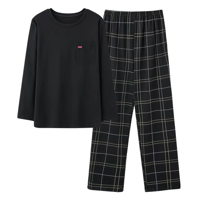 俏佳人 纯色圆领套头简约基础休闲舒适亲肤透气可外穿家居服长袖长裤睡衣套装 男款