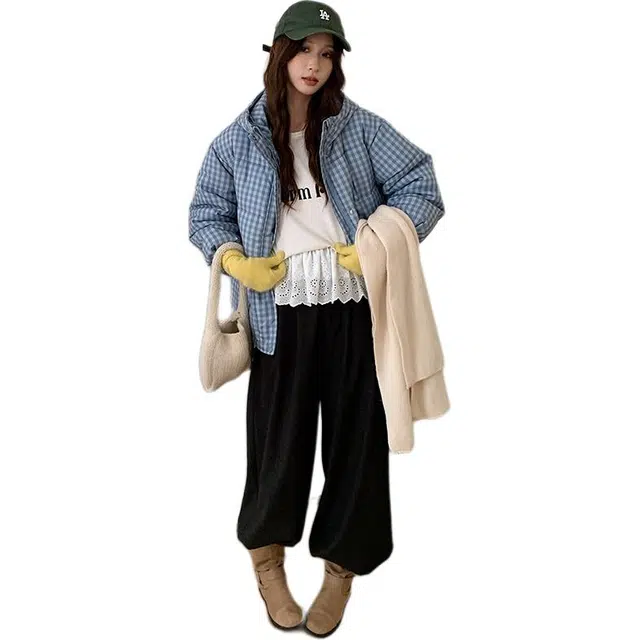 沐晓欣 可爱格纹连帽面包服甜美通勤长袖棉服 女款