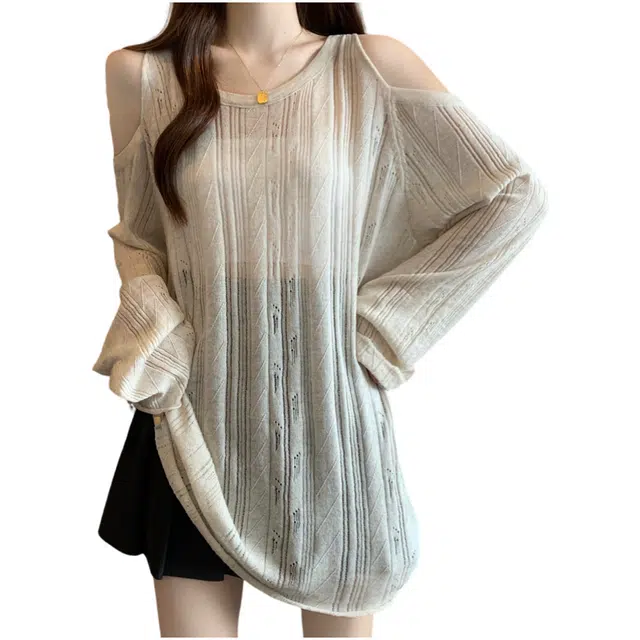 荟萃阁 漏肩薄款宽松慵懒风肌理感长袖上衣针织衫 女款