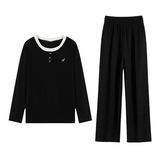 潞优野 简约舒适莫代尔刺绣带胸垫长袖阔腿家居服假两件春秋款睡衣套装 女款