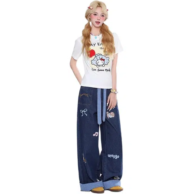 小卷要加油 可爱小狗刺绣秋季格子卷边蝴蝶结直筒裤复古阔腿裤子牛仔裤 女款