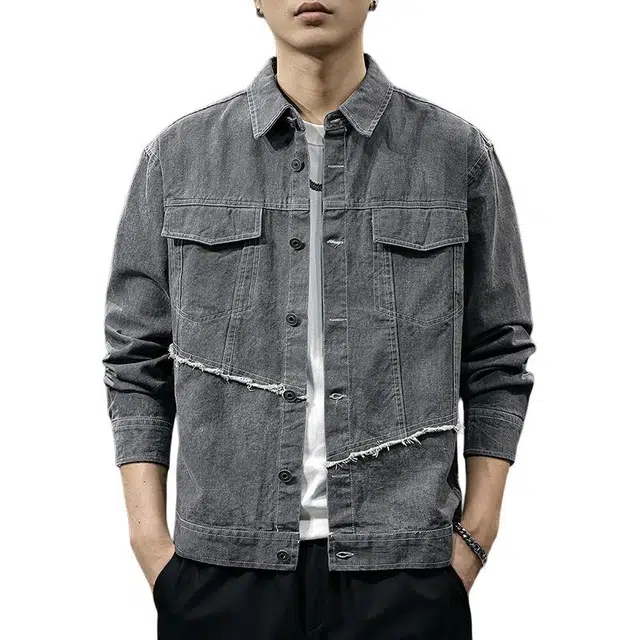 前进牛 美式经典复古潮牌高街痞帅耐磨拼接毛边潮流嘻哈街头纯棉洗褪印花做旧翻领工装牛仔外套 男款