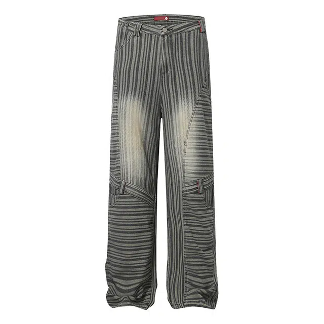 极限涡轮 美式高街痞帅条纹拼接阔腿做旧宽松休闲百搭设计感长裤牛仔裤 男女同款