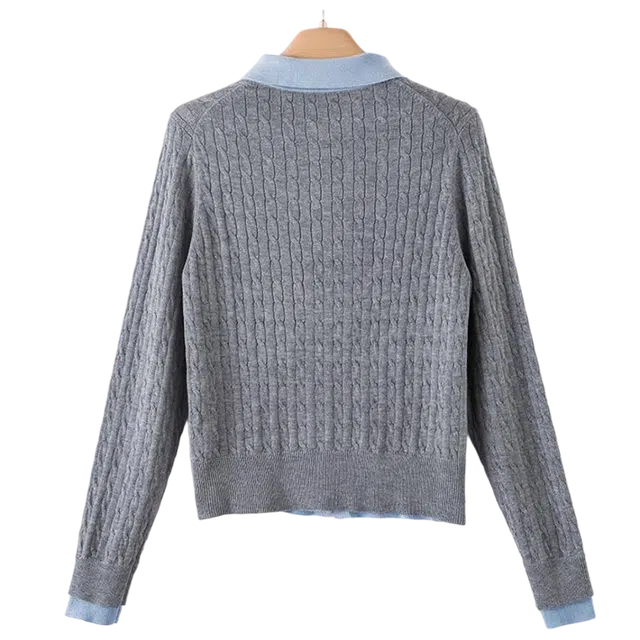 晚白 假两件亲肤韩系翻领百搭针织衫 女款