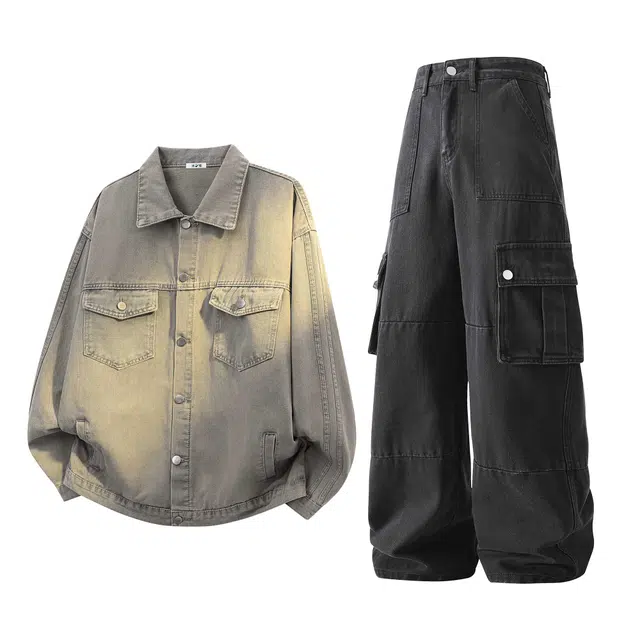 冰飞 美式潮流复古学院风设计感宽松长袖外套翻领日常通勤舒适长裤休闲运动套装 男女同款