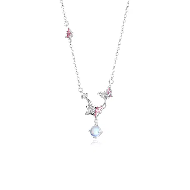 【S9999足银 蝶舞玫香】 福韵金 六桂福 蝴蝶粉色轻奢精致高级森系清新温柔少女心日常约会甜蜜告白百搭锁骨链好运 纯银 项链 女款