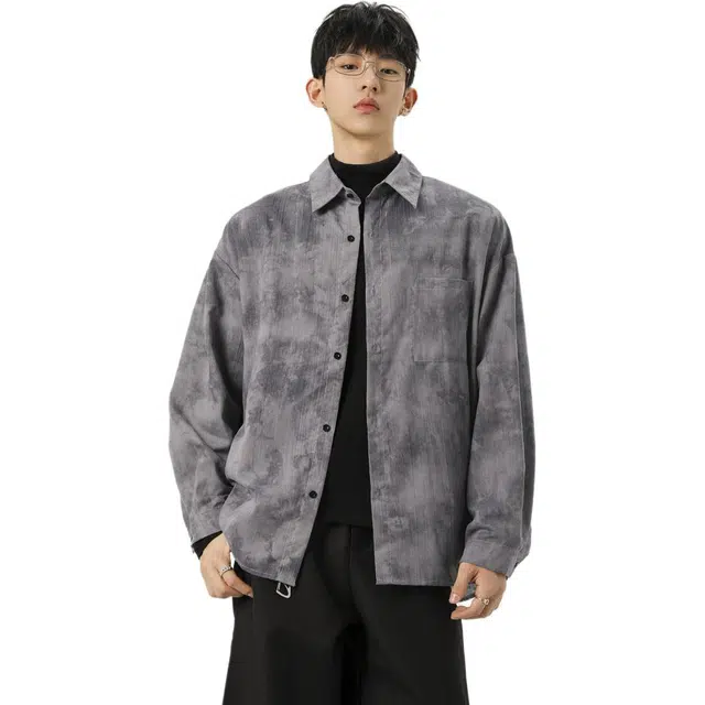 冈哉  美式复古经典做旧扎染长袖单排扣简约基础款百搭少年感宽松叠穿潮搭垂感痞帅舒适打底内搭外穿春秋款衬衫  男女同款