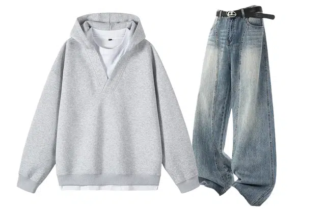 梓润格 秋冬美式高街潮牌假两件连帽长袖上衣复古蓝拖地牛仔裤宽松阔腿直筒设计感弯刀裤卫衣套装 男女同款