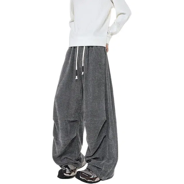 袋鼠 高个子加长版型长裤美式复古显瘦百搭基础款通勤阔腿裤高街雪尼尔宽松大码休闲裤 男女同款