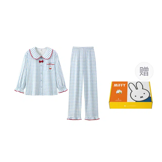 宫蝶 米菲纯棉长袖抗菌卡通家居服休闲格子开衫宽松可外穿睡衣套装 女款 礼盒装