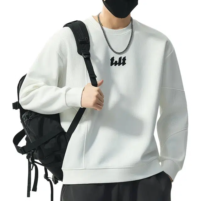 协协乐 圆领长袖男士春秋季宽松套头拼接设计感打底衫刺绣字母上衣早秋小众设计款卫衣 男款