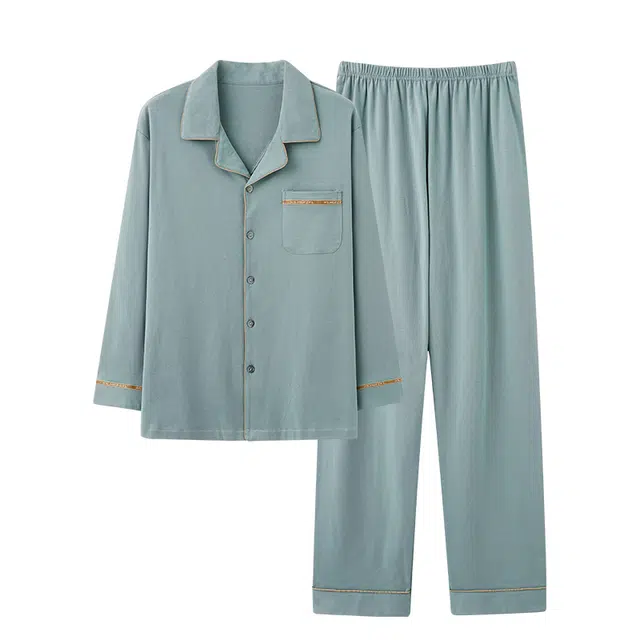 俏佳人 纯色开衫翻领简约基础休闲亲肤舒适透气可外穿家居服长袖长裤睡衣套装 男款