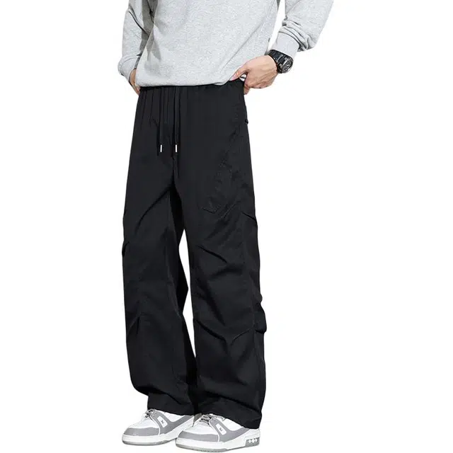协协乐 山系户外工装裤褶皱设计小众款秋冬季宽松阔腿拖地裤青少年抽绳百搭运动痞帅长裤休闲裤 男款