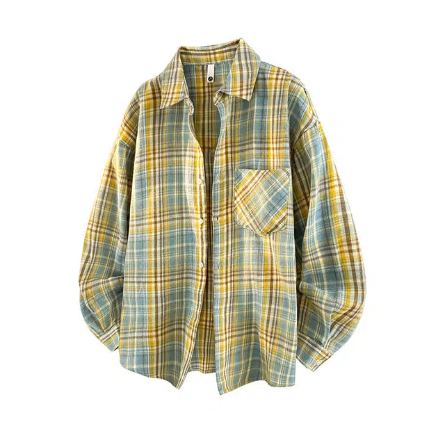 哲源 美式复古简约学院风上衣扎染格子单排扣尖领设计感春秋外套潮牌百搭宽松舒适日常通勤垂感慵懒长袖休闲衬衫 男女同款