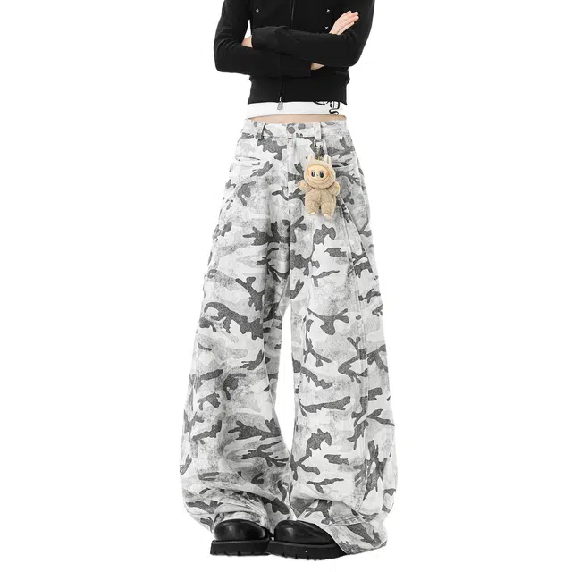 加荣 美式复古风多口袋水洗男裤时尚潮流设计感工装裤男款可系皮带迷彩牛仔裤男春秋季松弛感慵懒休闲裤男宽松直筒裤男士长裤 男女同款