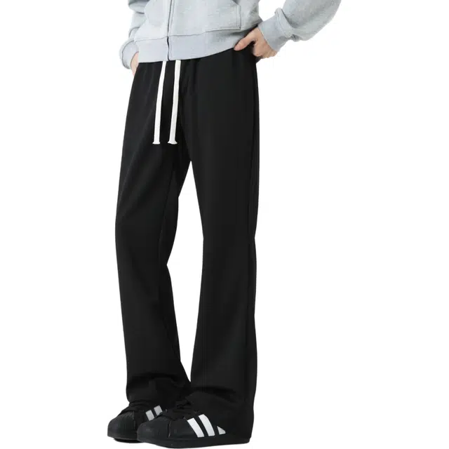 微喇垂感拖地赫赫良衣 美式复古高街风基础款纯色宽松百搭直筒潮流亲肤长裤学院风松紧腰系带无性别学院风日常通勤韩系潮牌休闲裤 男女同款