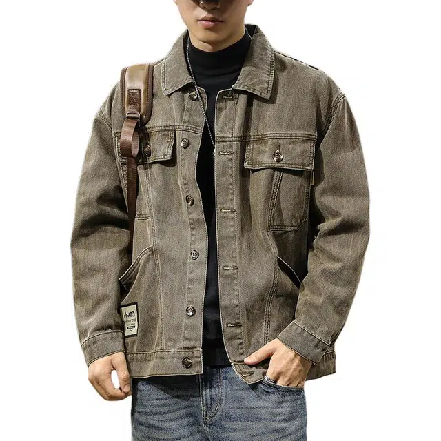 前进牛 美式休闲经典复古潮牌高街痞帅重磅复古水洗纯棉潮流嘻哈街头宽松大码拼接休闲工装牛仔外套 男款