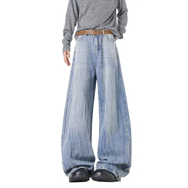 加荣 美式高街复古纹理设计痞帅背后烫钻潮流时尚直筒户外慵懒小众百搭牛仔裤 男女同款