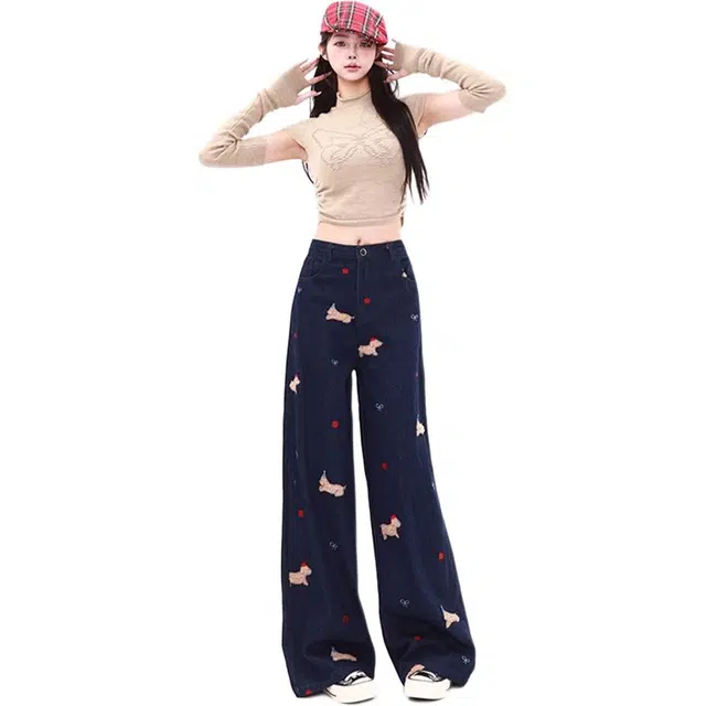 小卷要加油 美式复古刺绣阔腿可爱小狗女秋冬季高腰宽松显瘦拖地裤子牛仔裤 女款
