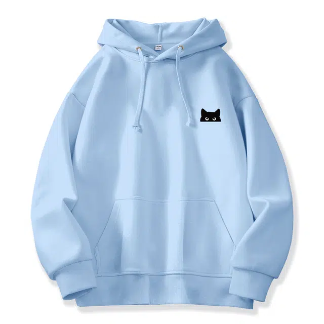 棉致 躲藏黑猫简约设计感多巴胺卡通学院风百搭休闲通勤落肩宽松柔软舒适套头连帽卫衣 男女同款