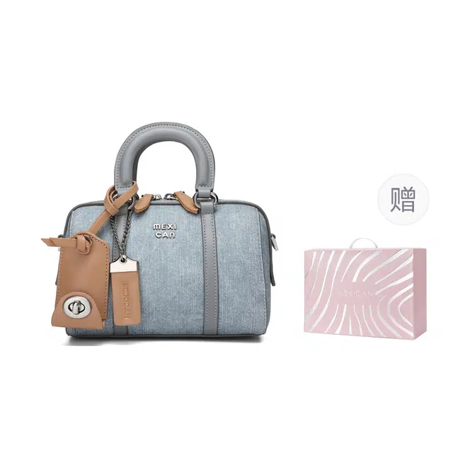 稻草人 小众可爱挂件高级感时尚少女蓝色牛仔布纹理简约百搭学生出游通勤实用 聚氨酯革 手提包 小号 女款 雾蓝