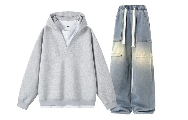 梓润格 秋冬美式高街潮牌假两件基础简约时尚百搭连帽长袖上衣工装牛仔裤高级感裤子阔腿裤卫衣套装 男女同款