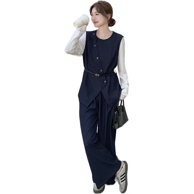 稻草人 斜门襟马甲设计感打底衫阔腿裤三件套穿搭休闲套装 女款