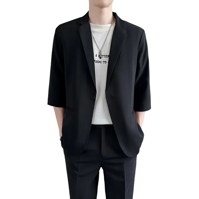 袋鼠 美式轻熟风七分袖休闲外套潮流宽松百搭轻商务舒适通勤正装西装 男女同款