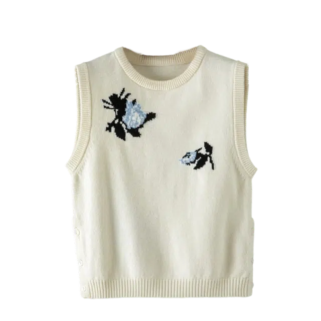 晚白 清新花朵圆领百搭无袖背心针织衫 女款