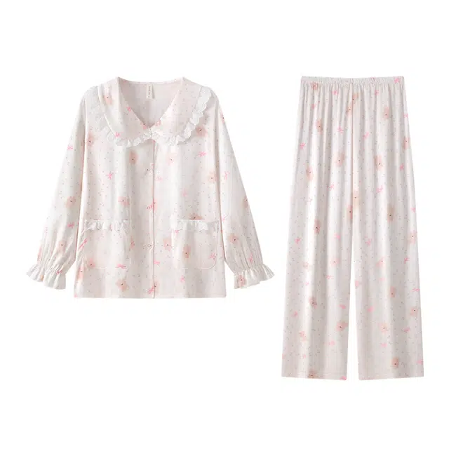 俏韵 翻领卡通春秋季冰丝长袖长裤休闲甜美可爱舒适薄款家居服可外穿 睡衣套装 女款